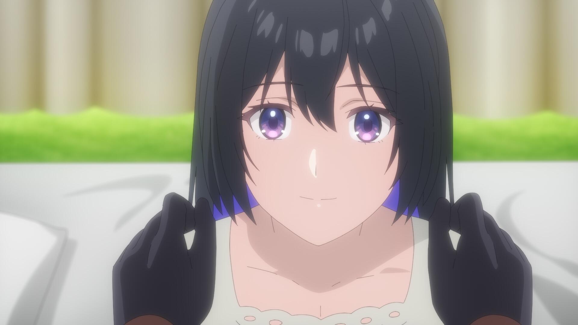 A serene anime character with black hair and purple eyes gazes gently at the viewer, set against a soft background, featured as HD desktop wallpaper for Unnamed Memory.
