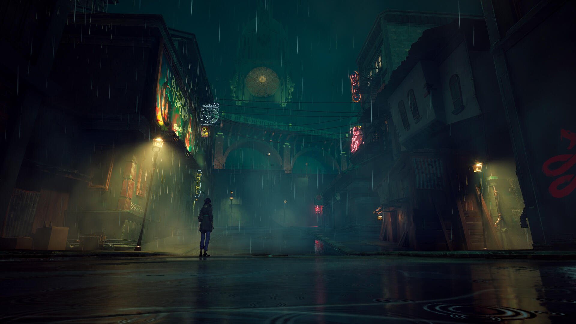 A moody, atmospheric scene from the video game Sleight of Hand, showcasing a rain-soaked street illuminated by neon lights, creating a captivating 4K Ultra HD background.