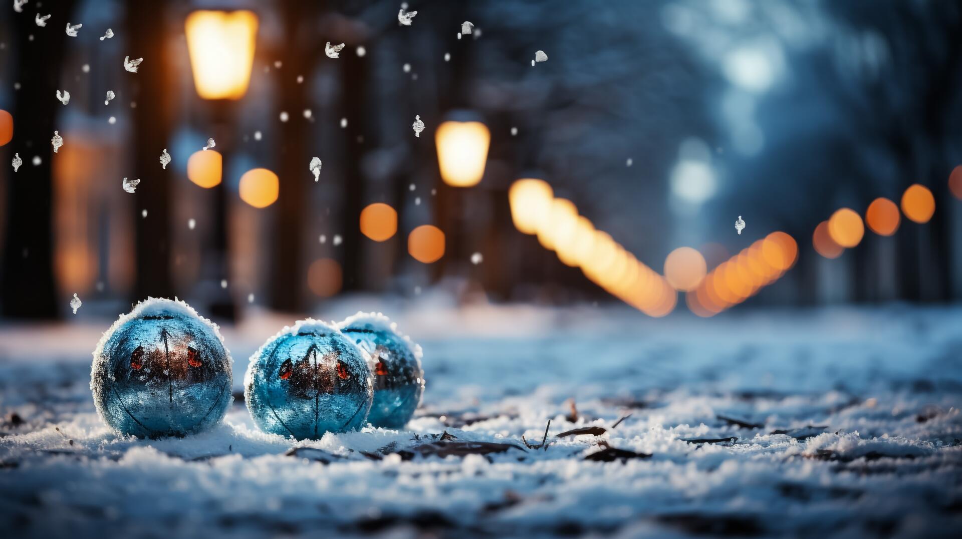 Snow-covered ground with reflective Christmas ornaments and glowing street lamps in the background, captured in a 4K Ultra HD winter holiday desktop wallpaper.
