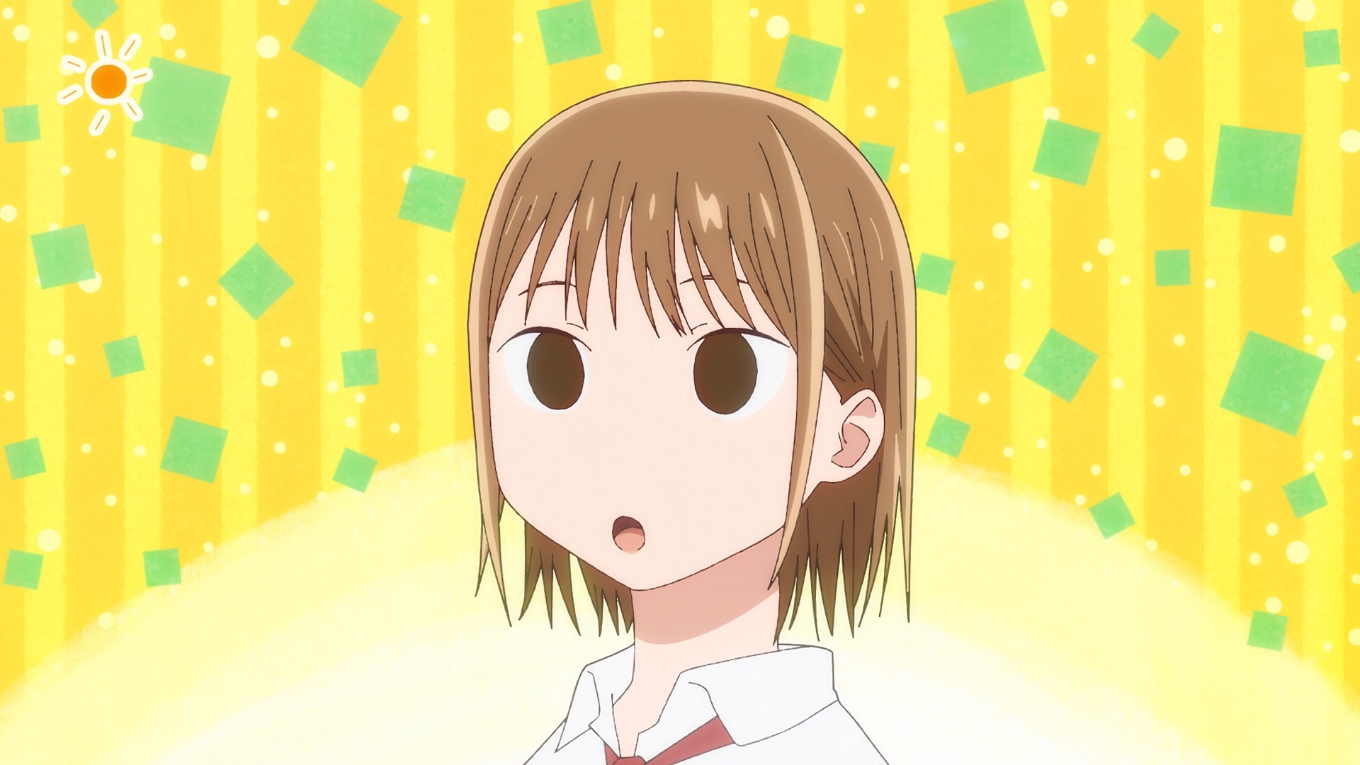 HD anime desktop wallpaper featuring Chinatsu Kano from Blue Box, showcasing her with a surprised expression against a vibrant yellow and green background.