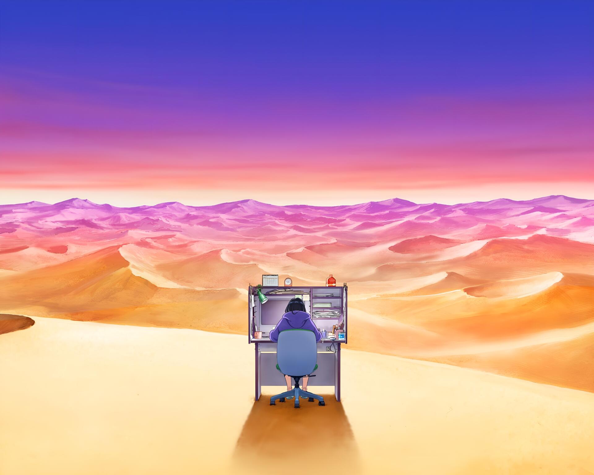 A 4K Ultra HD anime-style desktop wallpaper by Zenshu and Natsuko Hirose, depicting a lone figure working at a desk in the middle of a vast, colorful desert landscape.