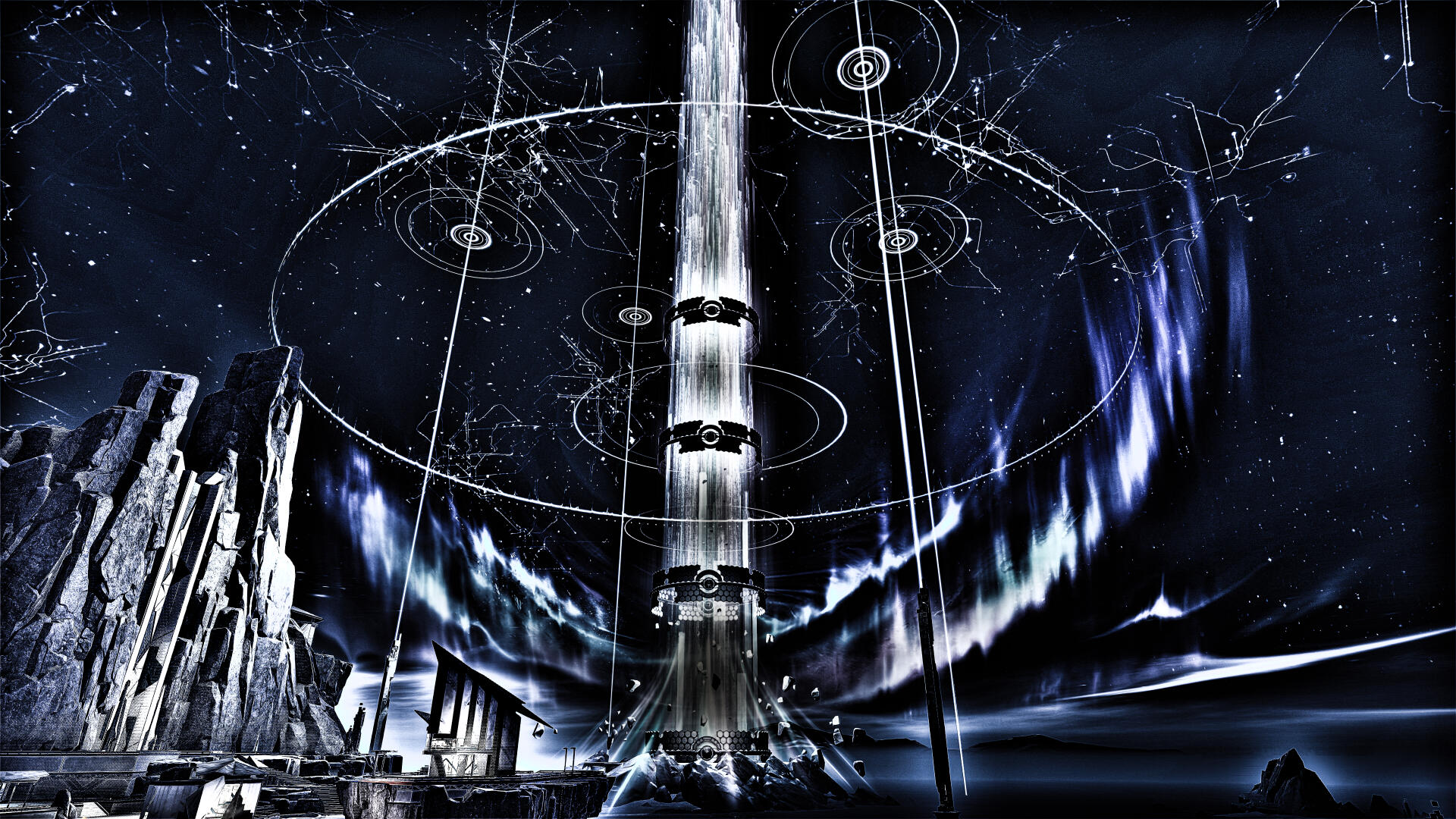 Wuthering Waves 8K Ultra HD PC desktop wallpaper featuring a glowing vertical beam with circular light patterns against a dark, starry sky and jagged rock formations.