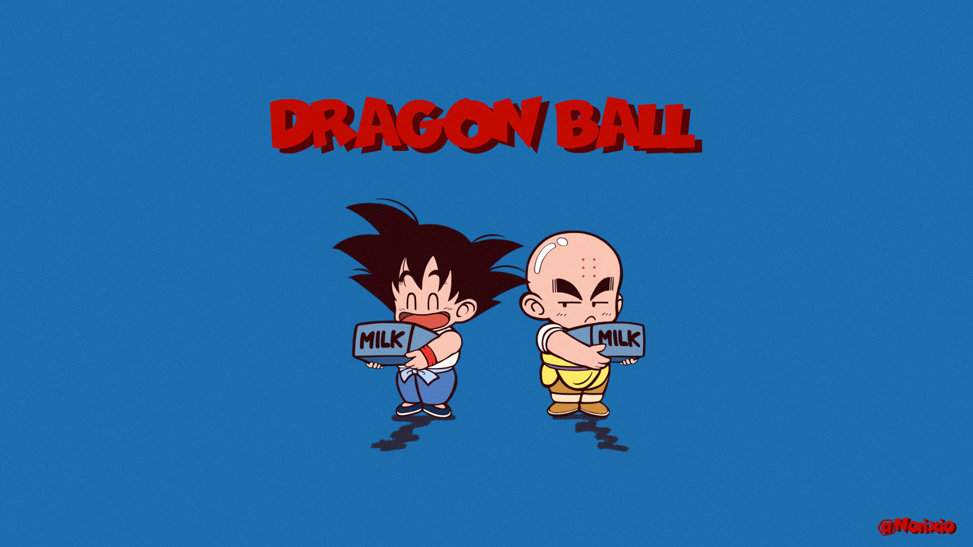 HD desktop wallpaper featuring anime characters Goku and Krillin from Dragon Ball holding milk cartons against a blue background with the Dragon Ball logo above them.