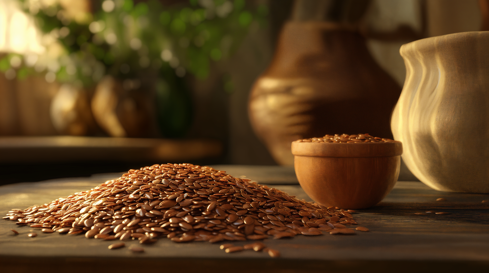 A close-up of a mound of flax seeds with a wooden bowl nearby, set against a softly lit background of pottery and greenery, rendered in stunning 4K Ultra HD detail.