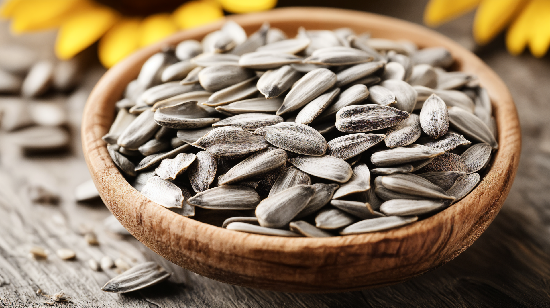 A close-up of a wooden bowl filled with sunflower seeds, surrounded by sunflower petals, captured in rich detail for a 4K Ultra HD desktop wallpaper.