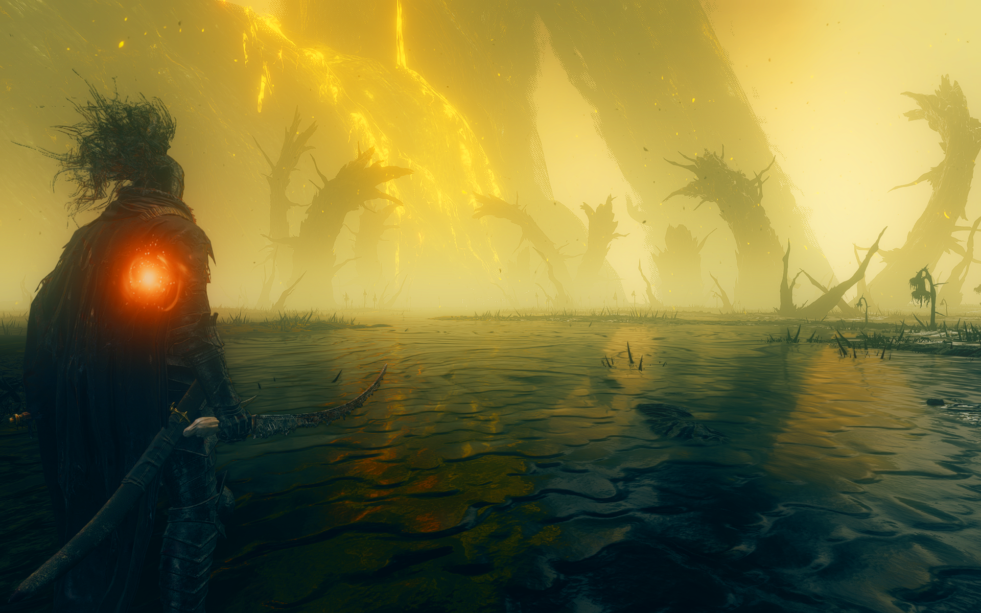 A captivating HD wallpaper from Elden Ring: Shadow of the Erdtree, featuring a mysterious figure standing against a dramatic, atmospheric landscape with ominous silhouettes.