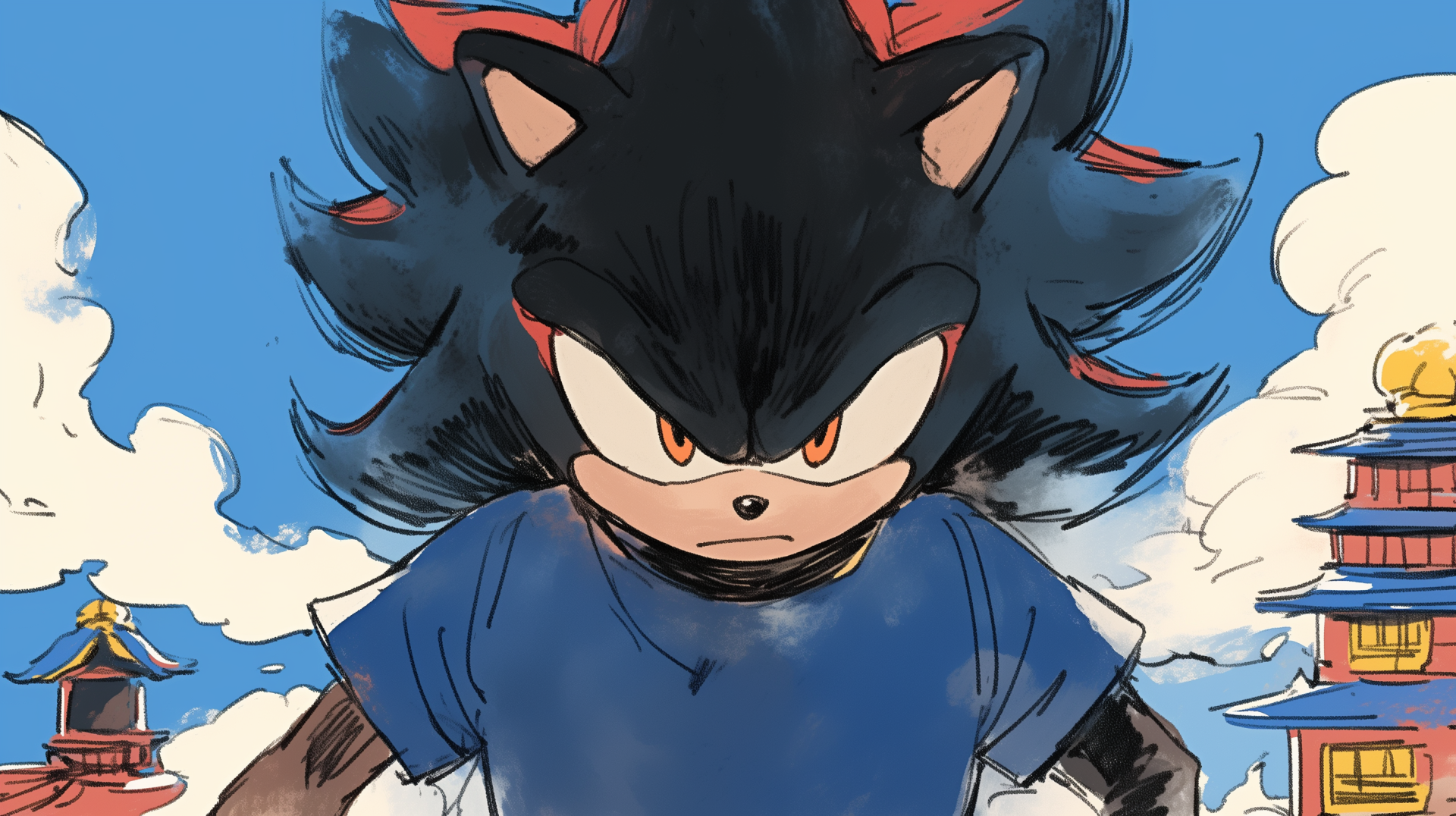 An HD desktop wallpaper featuring Shadow the Hedgehog from the video game series, showcasing his intense expression against a colorful sky and traditional structures.