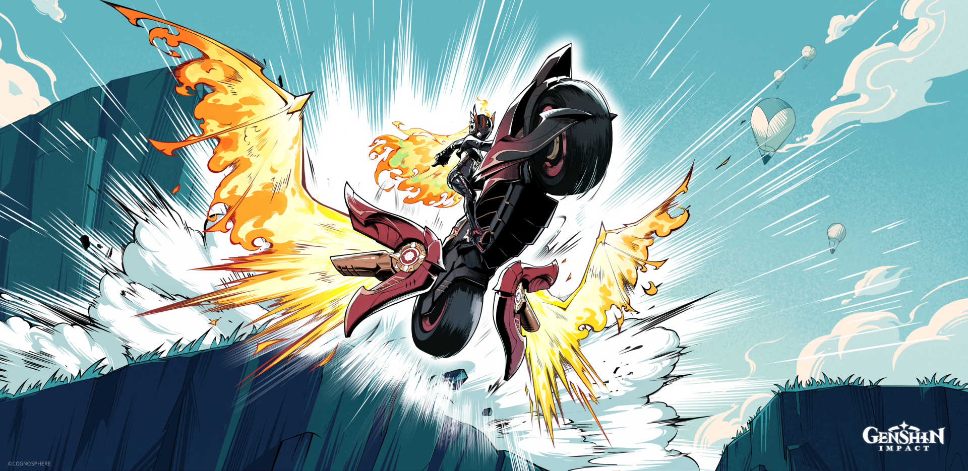 An action-packed scene from Genshin Impact featuring Mavuika on a vibrant motorcycle, surrounded by fiery effects and dynamic splashes, captured in stunning 4K Ultra HD.