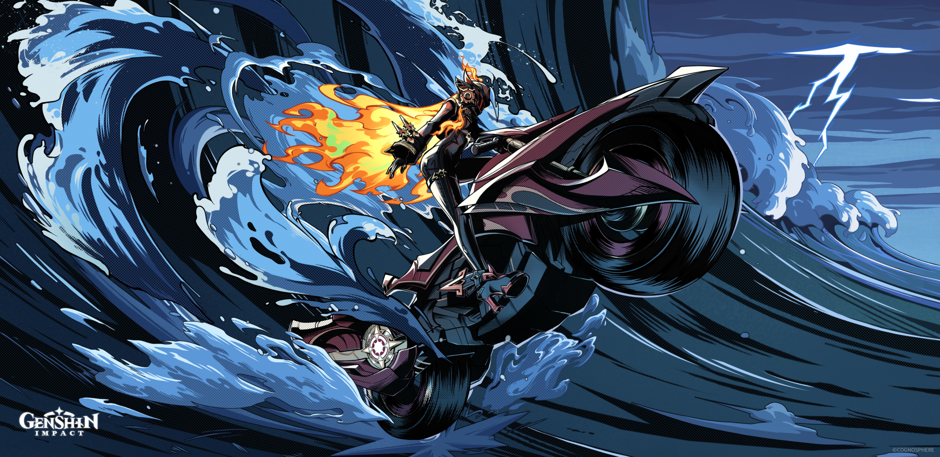 A dynamic 4K Ultra HD wallpaper featuring Mavuika from Genshin Impact, riding a futuristic bike through powerful waves, surrounded by striking fire and water elements.
