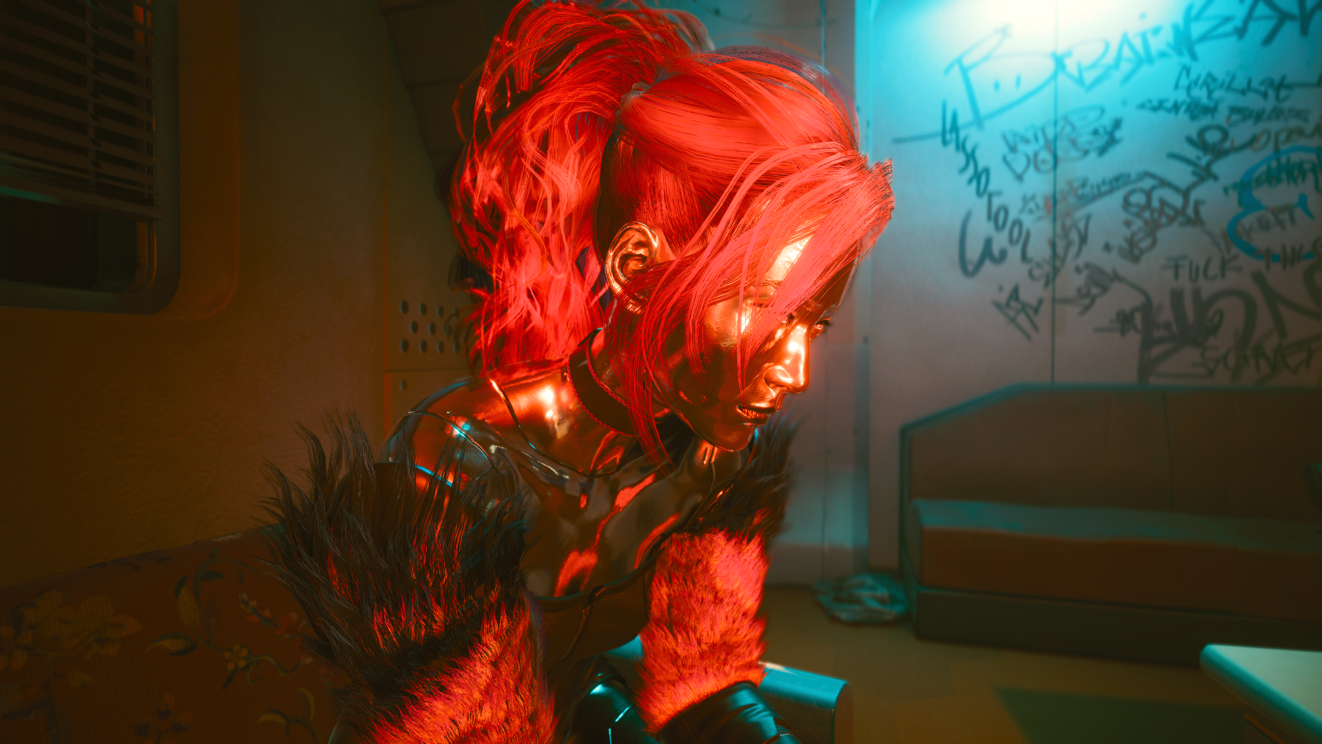 A vibrant 4K Ultra HD wallpaper featuring Lizzy Wizzy from Cyberpunk 2077, showcasing her striking red hair and futuristic aesthetic against a neon backdrop.