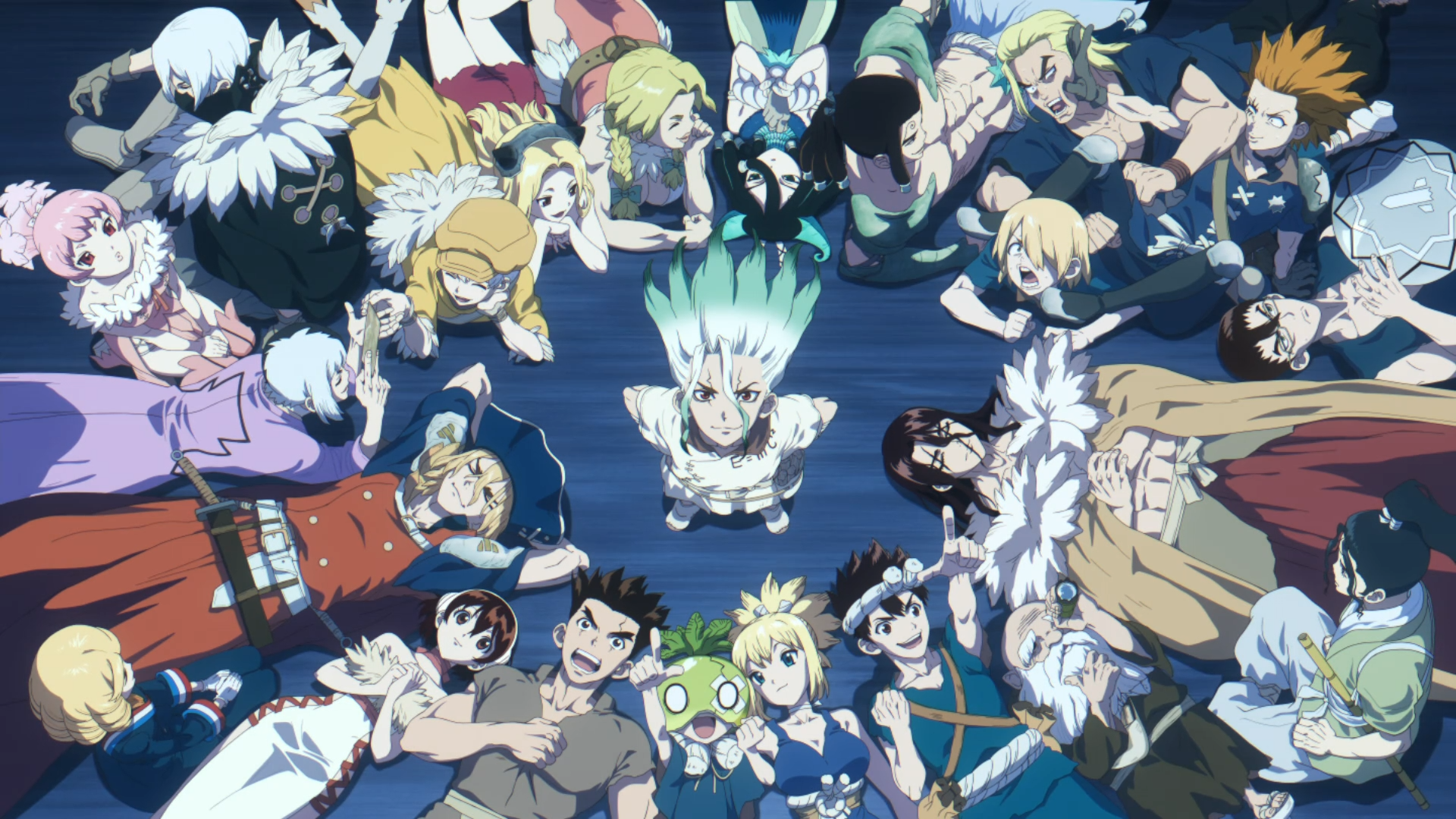 HD PC desktop wallpaper featuring a dynamic overhead view of the main characters from the anime Dr. Stone gathered in a circle.