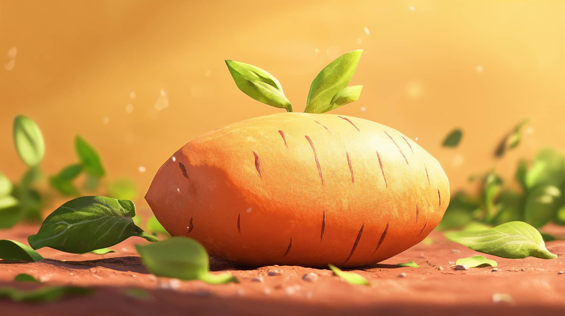 A vibrant, artistic depiction of a sweet potato, showcasing its rich orange hue surrounded by fresh green leaves, set against a warm background. A striking 4K Ultra HD desktop wallpaper.