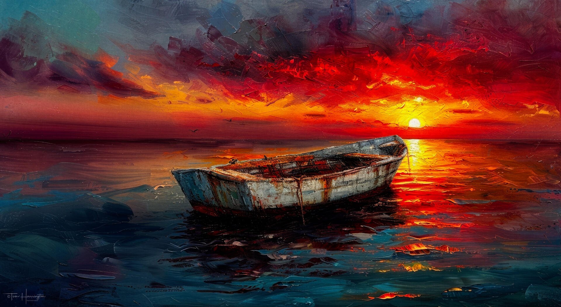 Artistic painting of a lone boat floating on calm water under a vibrant red and orange sunset, rendered in rich colors for an HD PC desktop wallpaper and background.