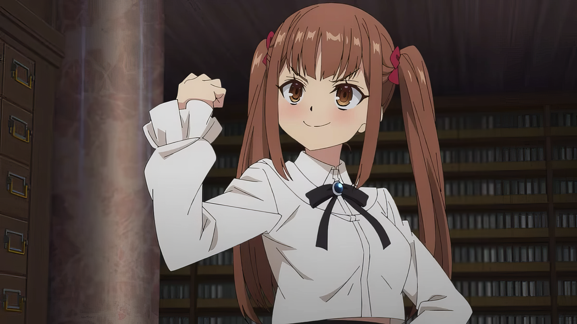 Anime wallpaper from I May Be a Guild Receptionist But I'll Solo Any Boss to Clock Out on Time featuring a confident girl with brown twin tails in a white blouse.