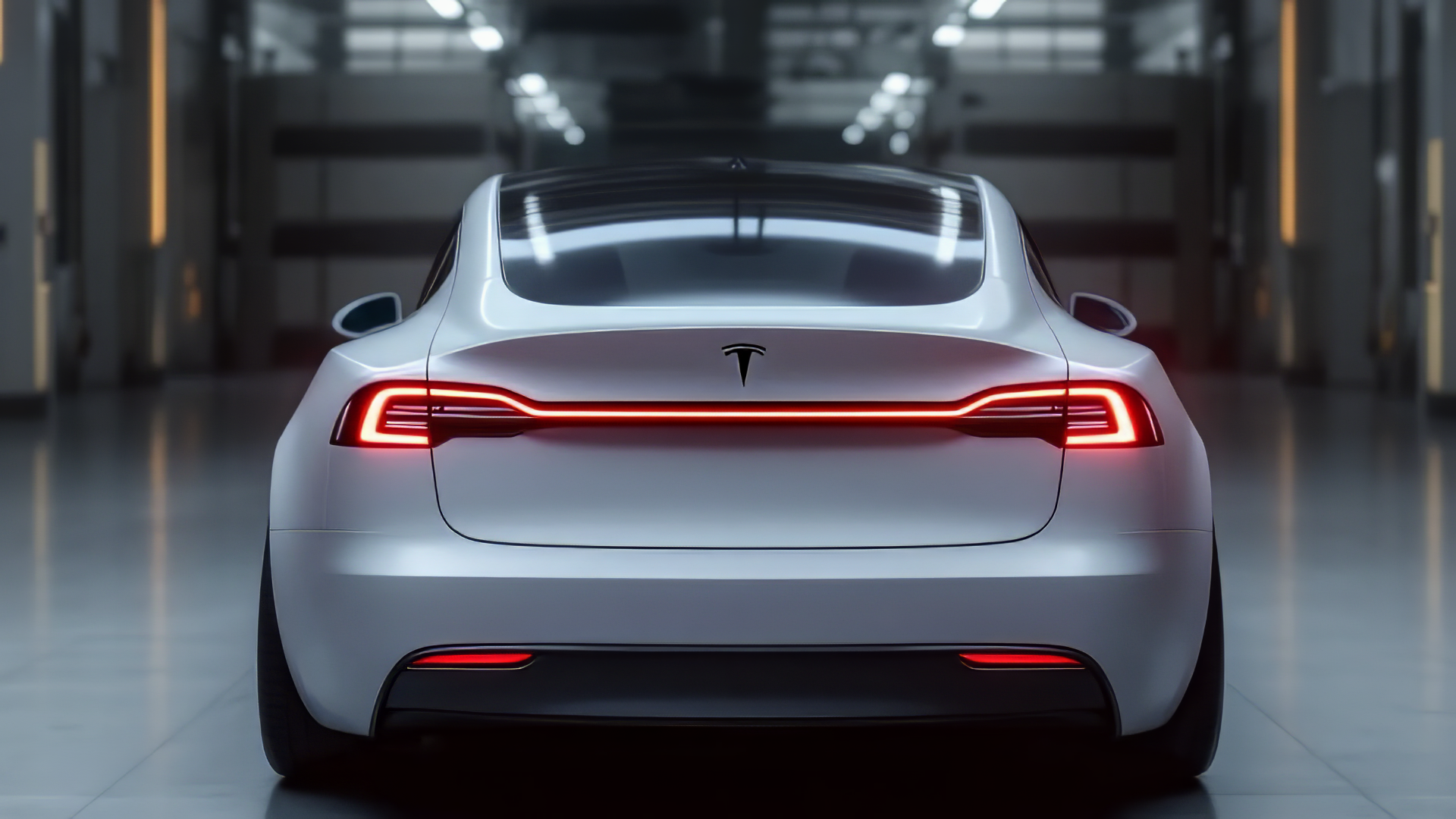 A sleek Tesla Model Y in Juniper color, showcased in a modern, industrial setting. This HD wallpaper highlights the car's elegant lines and iconic rear lights.