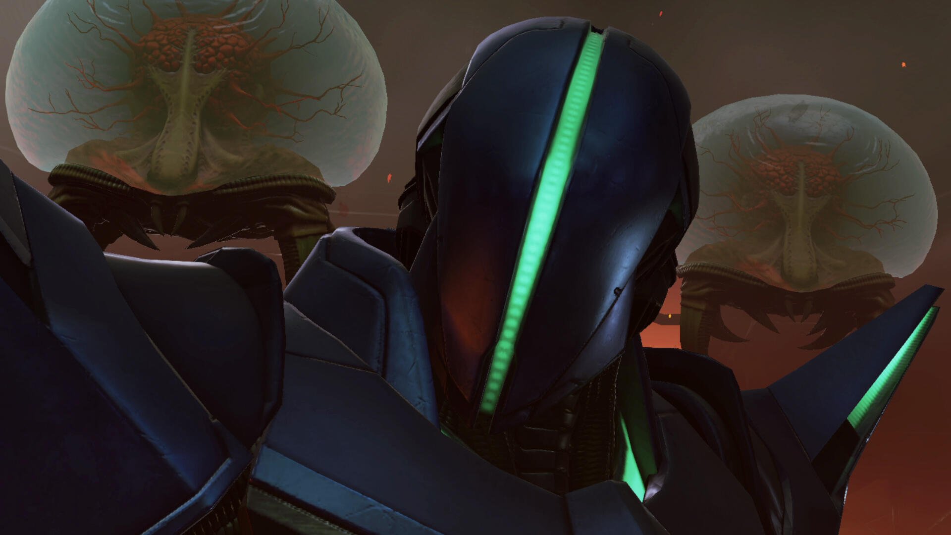 HD wallpaper featuring a character from Metroid Prime 4: Beyond, set against a backdrop of mysterious, alien-like structures. Dynamic and visually striking design.