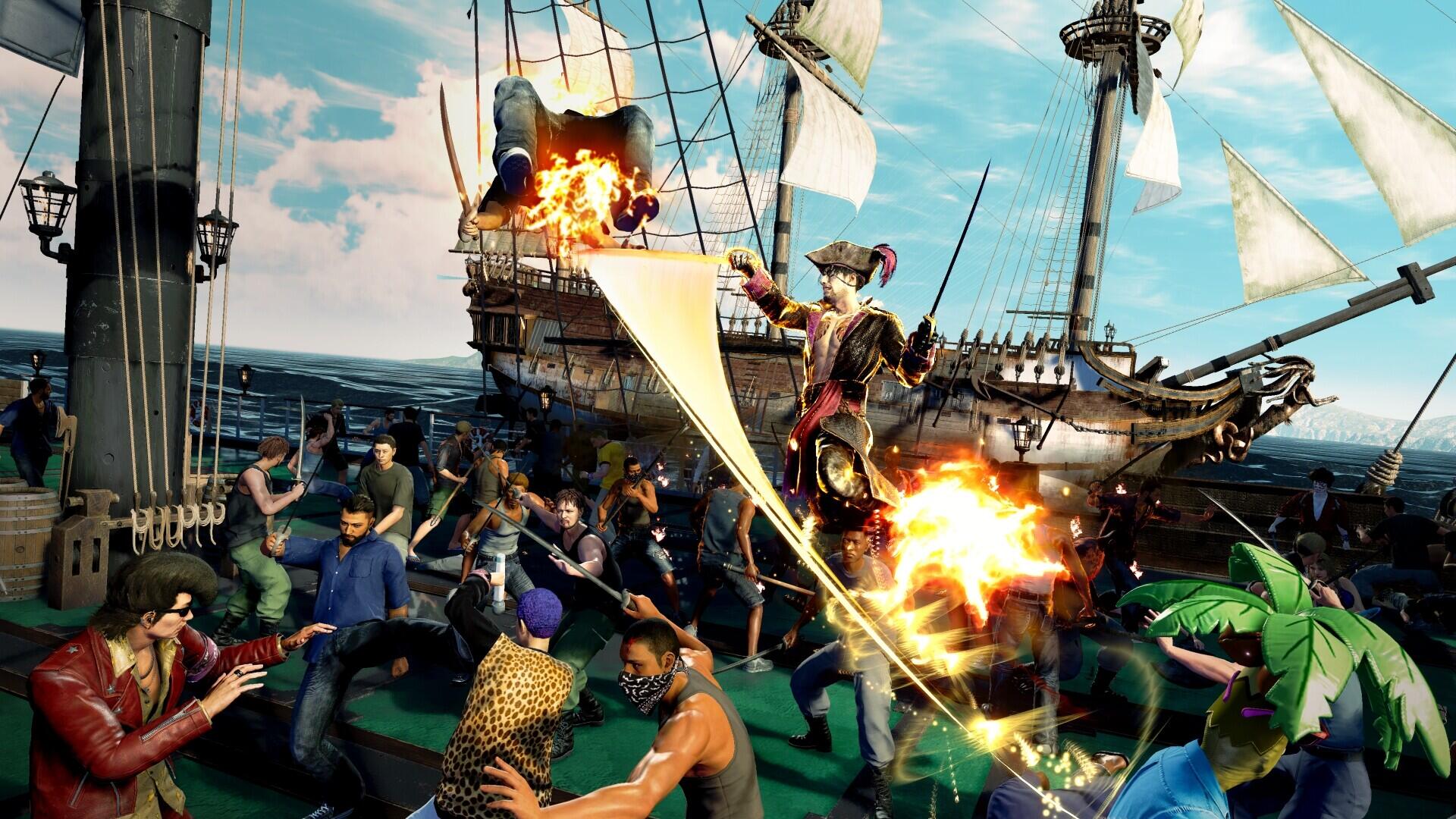 A dynamic scene from Like a Dragon: Pirate Yakuza in Hawaii, depicting an action-packed moment on a ship with characters engaged in a dramatic confrontation against a vibrant ocean backdrop.