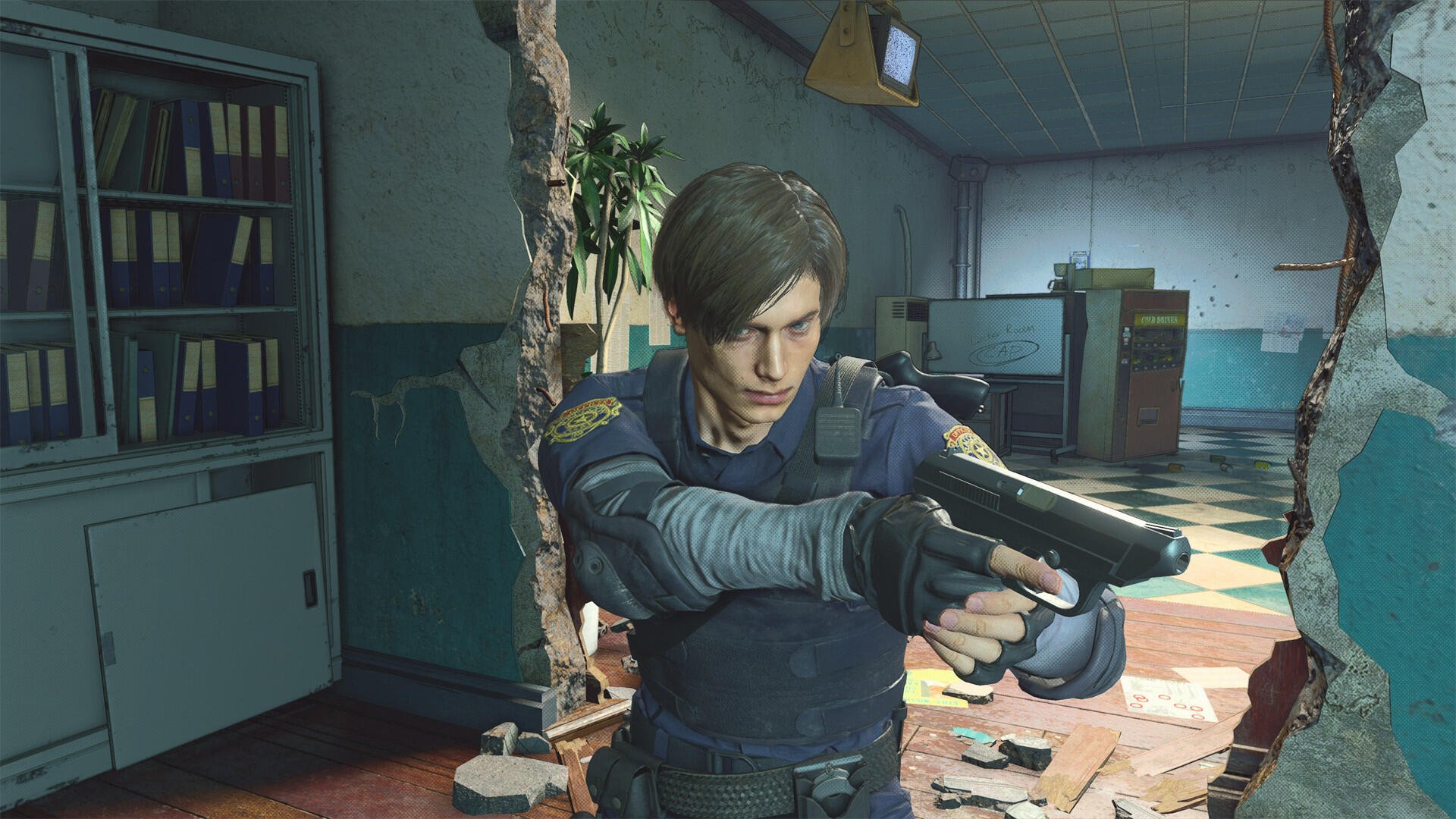 HD wallpaper featuring a character from Resident Evil Re:Verse, poised with a firearm in a damaged room, capturing the tense atmosphere of the game.