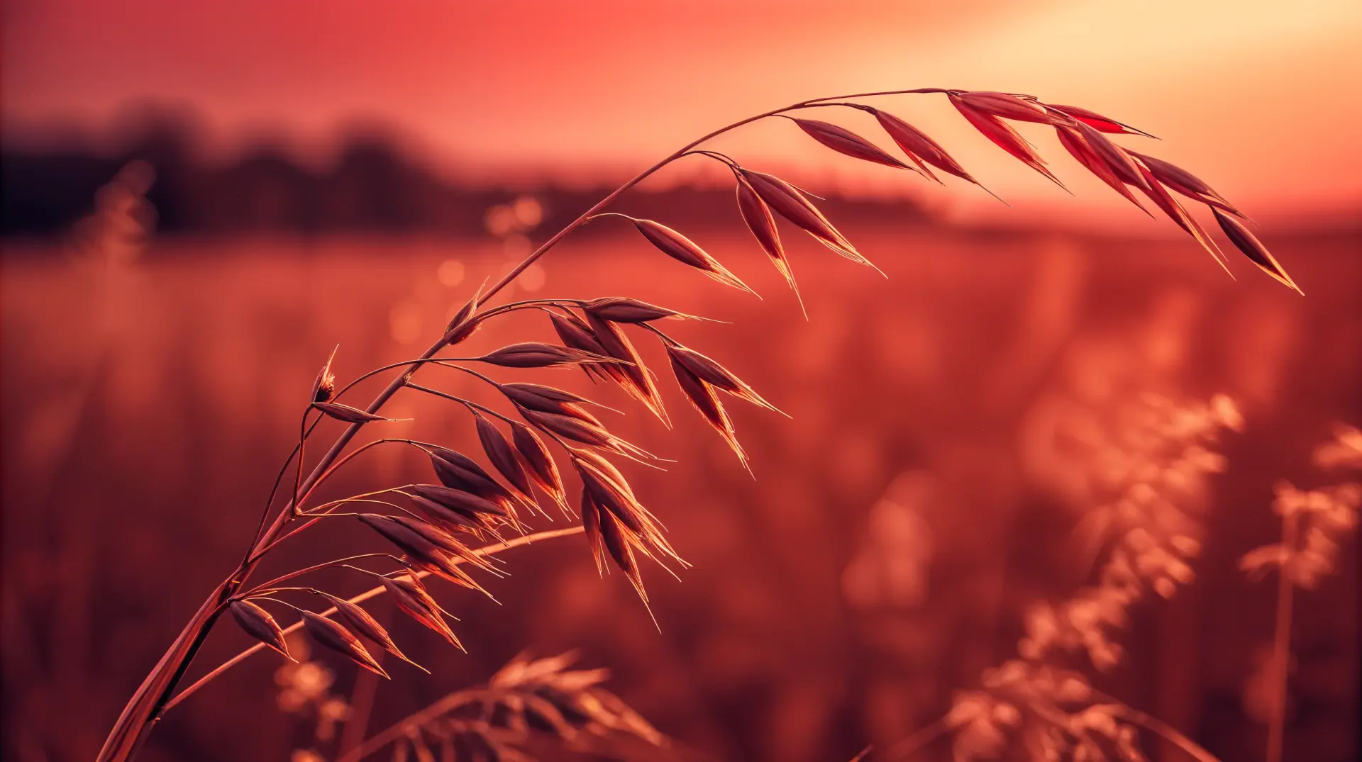 A close-up of oat stalks against a stunning sunset backdrop, showcasing rich shades of orange and red in this 4K Ultra HD desktop wallpaper.