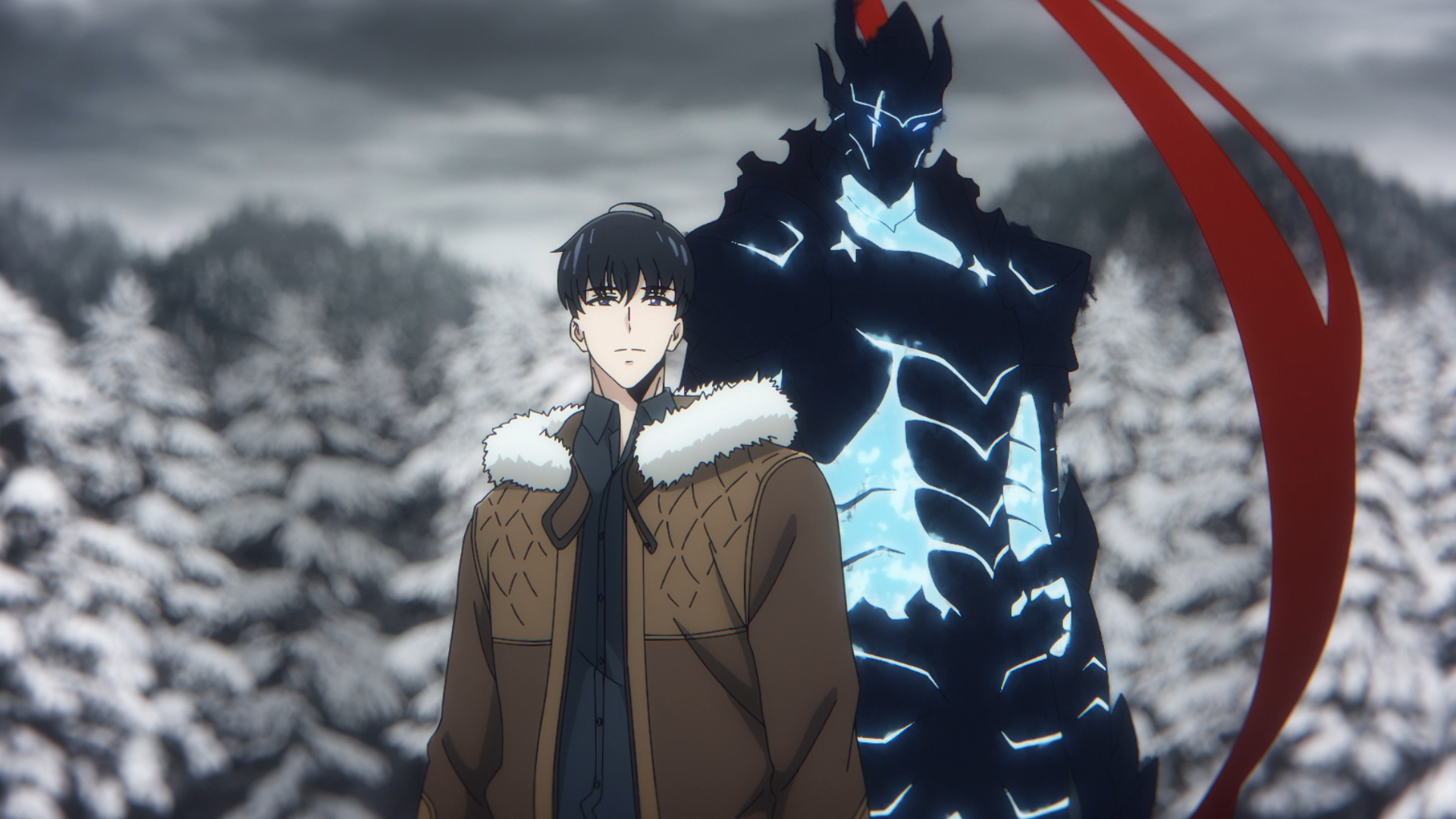 HD anime wallpaper featuring Sung Jin-Woo and his shadow warrior Igris from Solo Leveling, set against a snowy forest background.