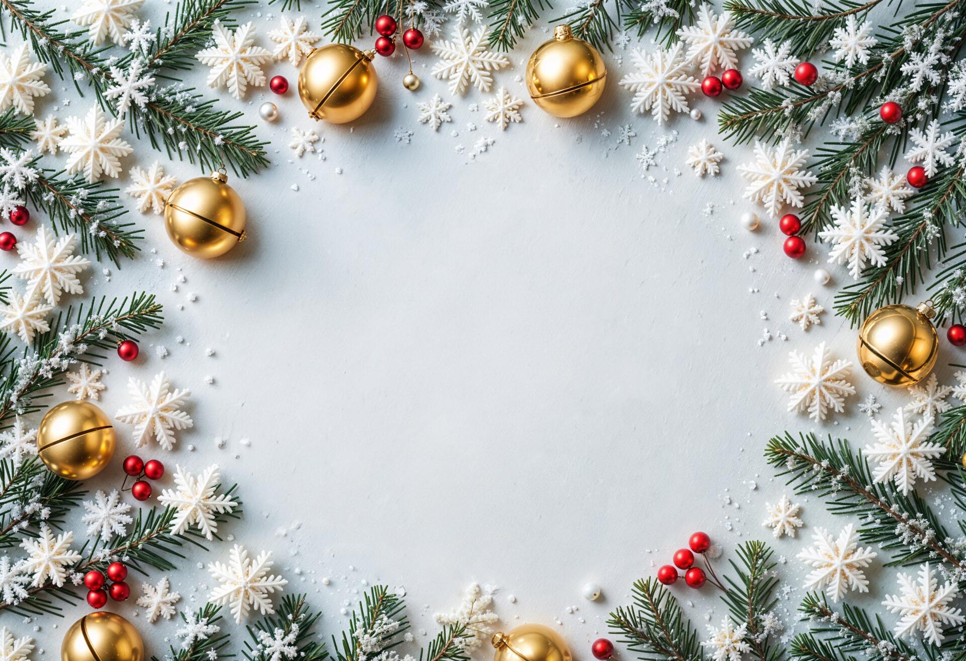Christmas pine branches, snowflakes, gold baubles and red berries forming a wreath frame around blank center — 4K Ultra HD PC desktop wallpaper/background.