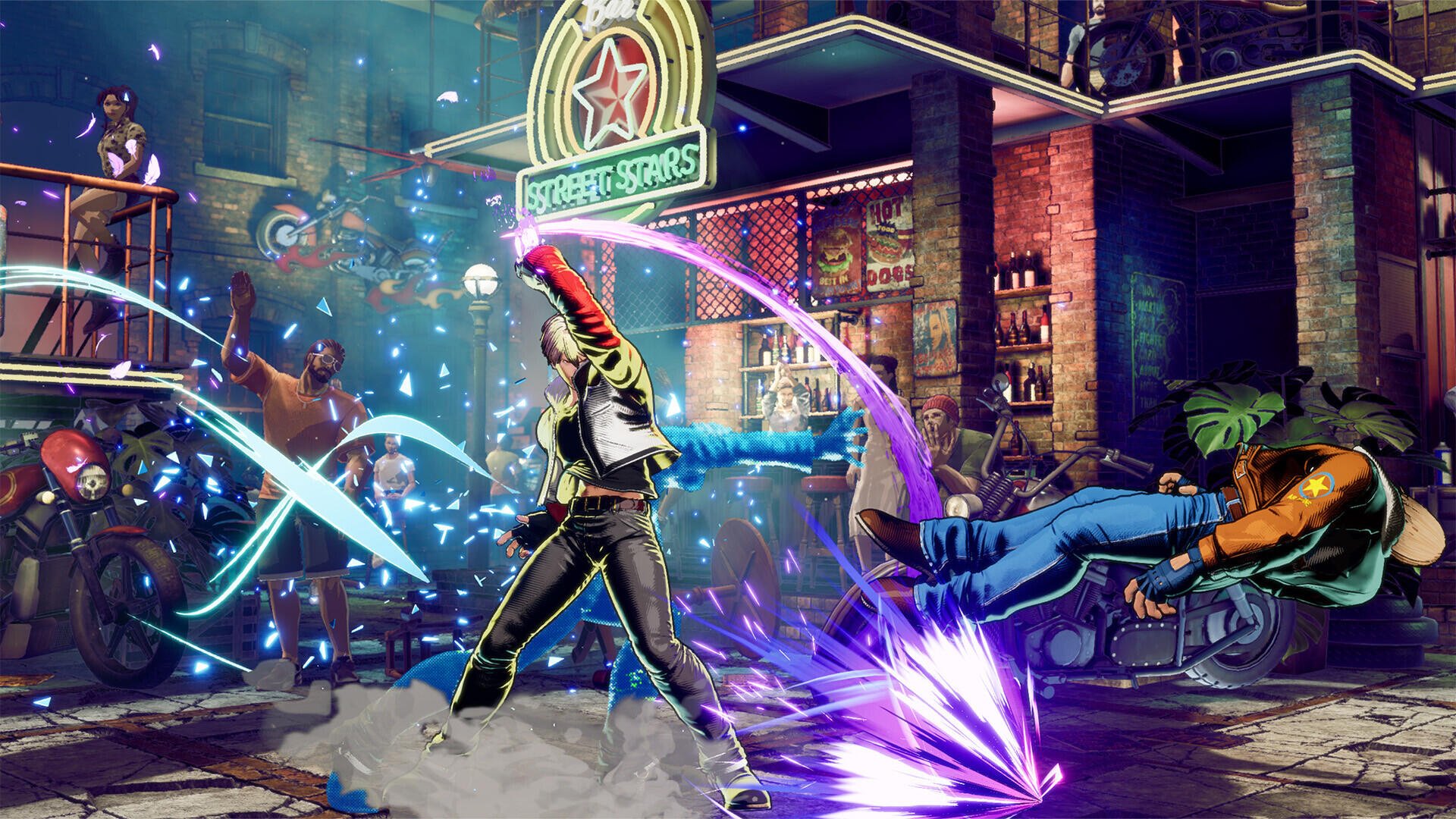 HD PC desktop wallpaper featuring an intense fight scene from the video game Fatal Fury: City of the Wolves, showcasing dynamic characters in a vibrant urban setting.