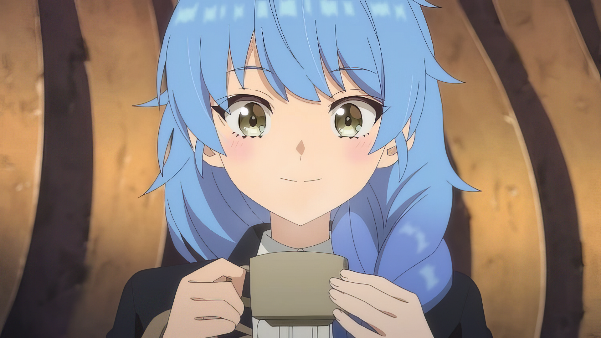 A serene anime character with blue hair smiles while holding a cup, featured in a scene from I Left My A-Rank Party to Help My Former Students Reach the Dungeon Depths! HD wallpaper.