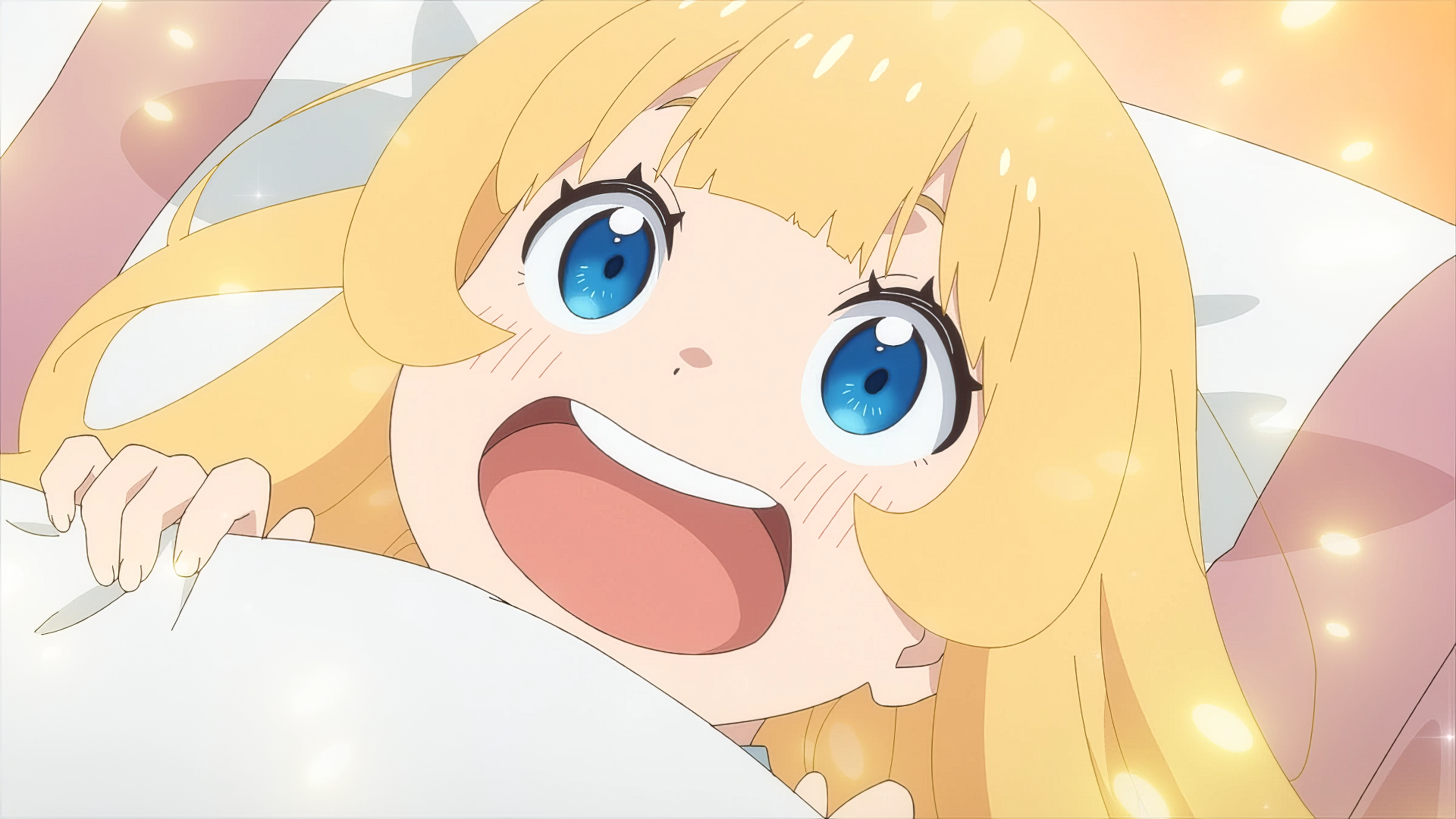 A joyful anime character with bright blue eyes and long blonde hair smiles widely, embodying the spirit of I Left My A-Rank Party to Help My Former Students Reach the Dungeon Depths!