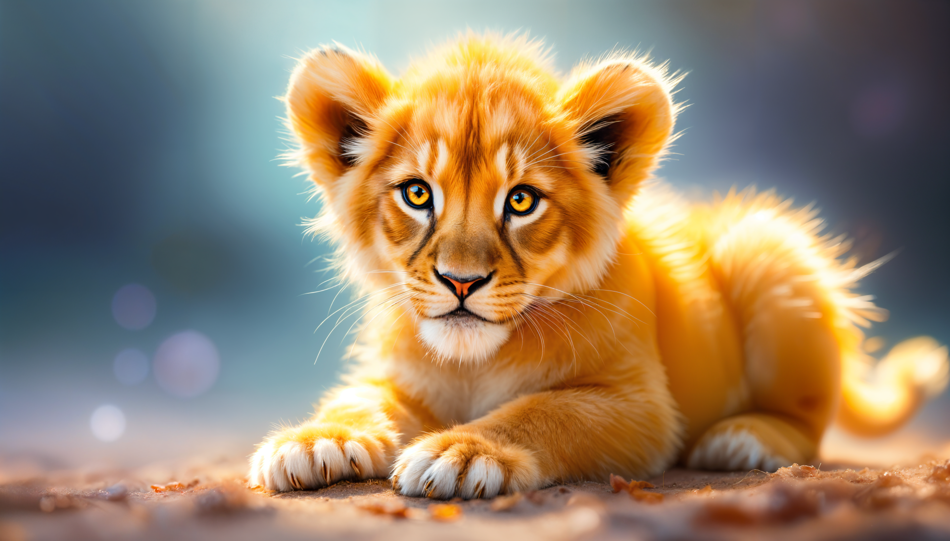 A charming lion cub rests with captivating golden fur and bright eyes, showcased in stunning detail, perfect for a 4K Ultra HD desktop wallpaper and background.
