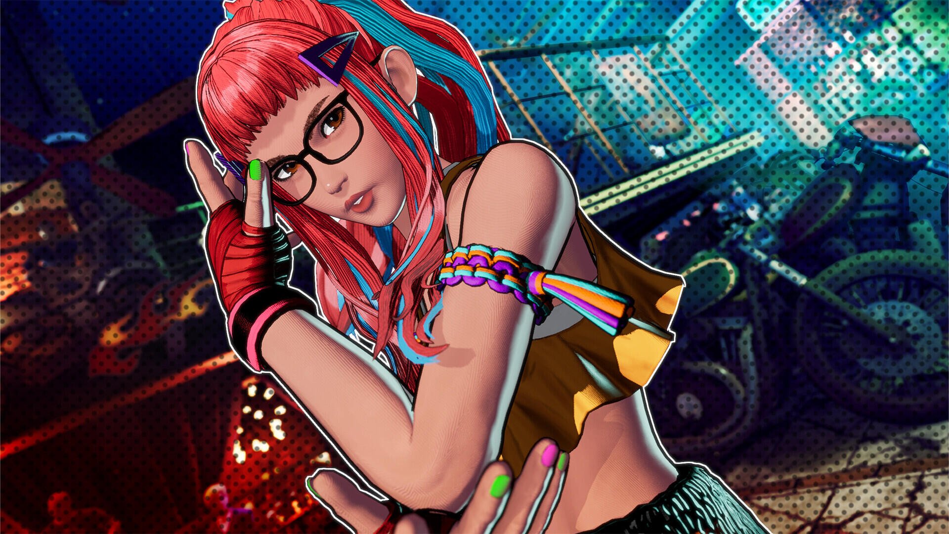 A vibrant HD wallpaper from the video game Fatal Fury: City of the Wolves, featuring a striking character with pink hair and stylish attire set against a colorful urban background.