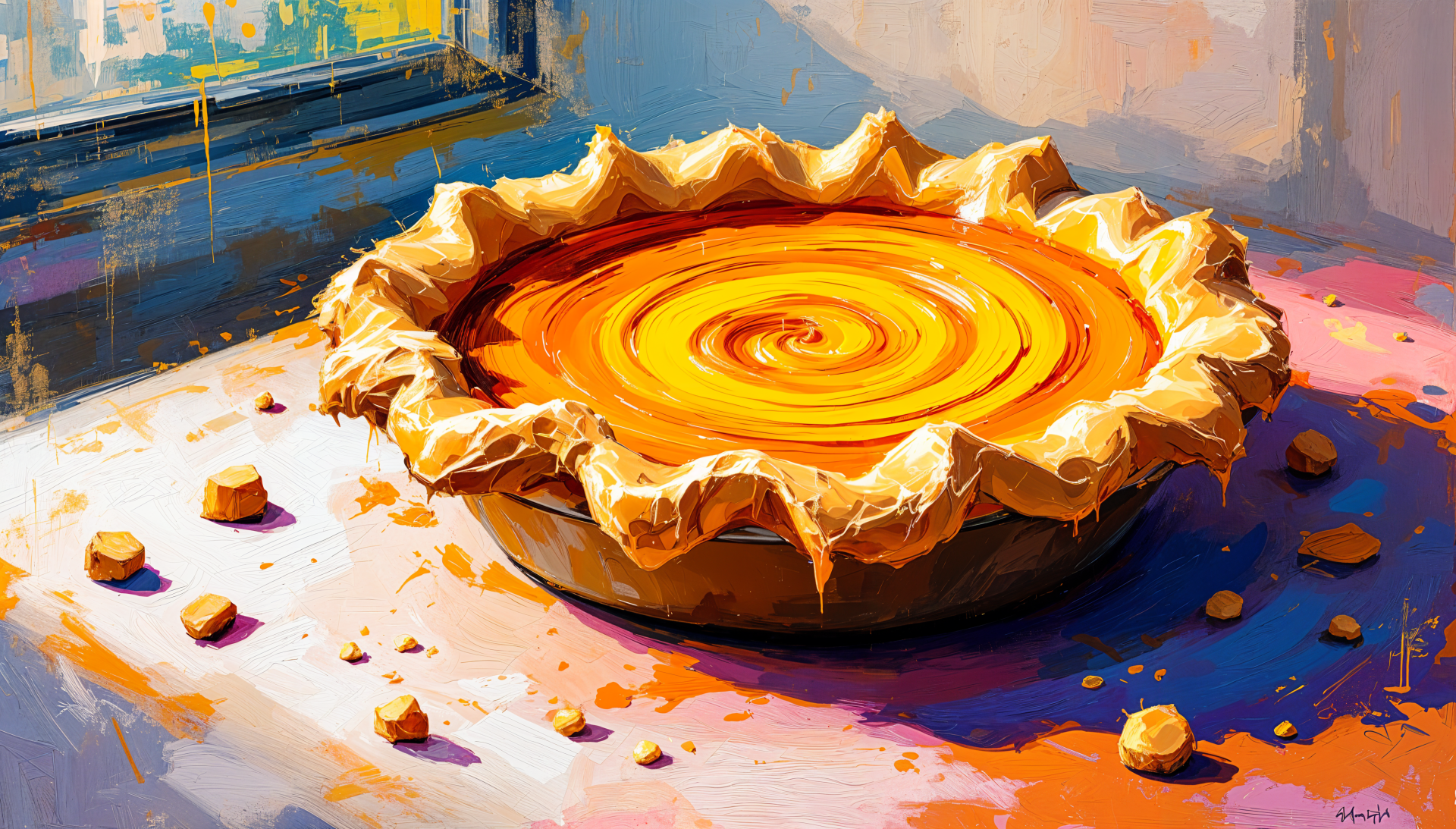 A vibrant sweet potato pie with a decorative crust sits on a surface, surrounded by scattered crumbs, captured in stunning 4K Ultra HD quality.