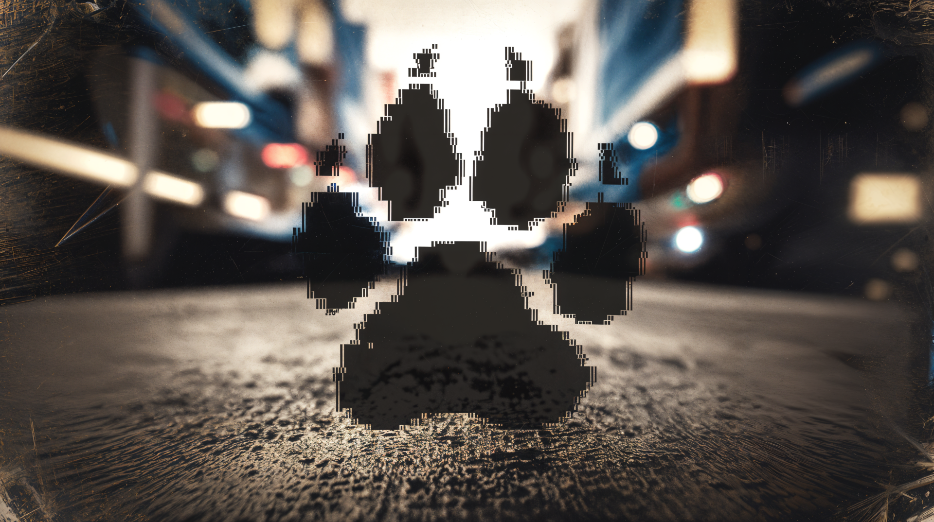 A striking paw print silhouette on a textured surface, set against a blurred urban background. This image serves as a vibrant 4K Ultra HD desktop wallpaper.