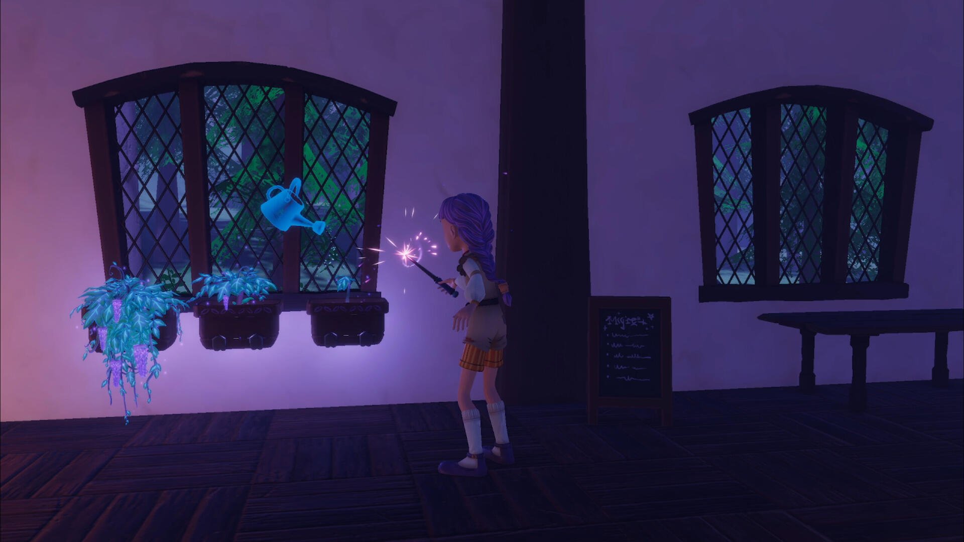 A character with purple hair casts a spell in the Magic Inn, surrounded by glowing plants and whimsical scenery, creating an enchanting HD PC desktop wallpaper and background.