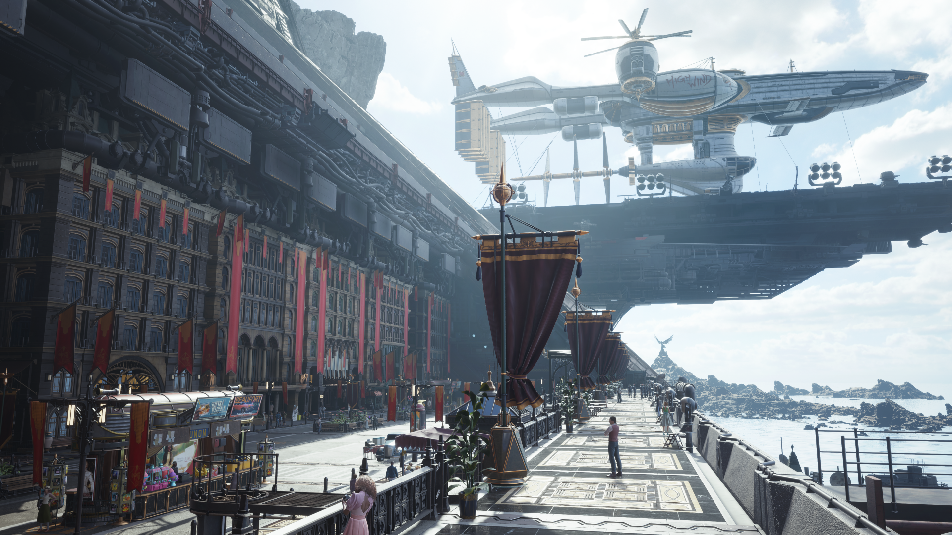 A vibrant futuristic city scene from Final Fantasy VII Rebirth, featuring detailed architecture and a hovering aircraft, showcased in stunning 4K Ultra HD quality.