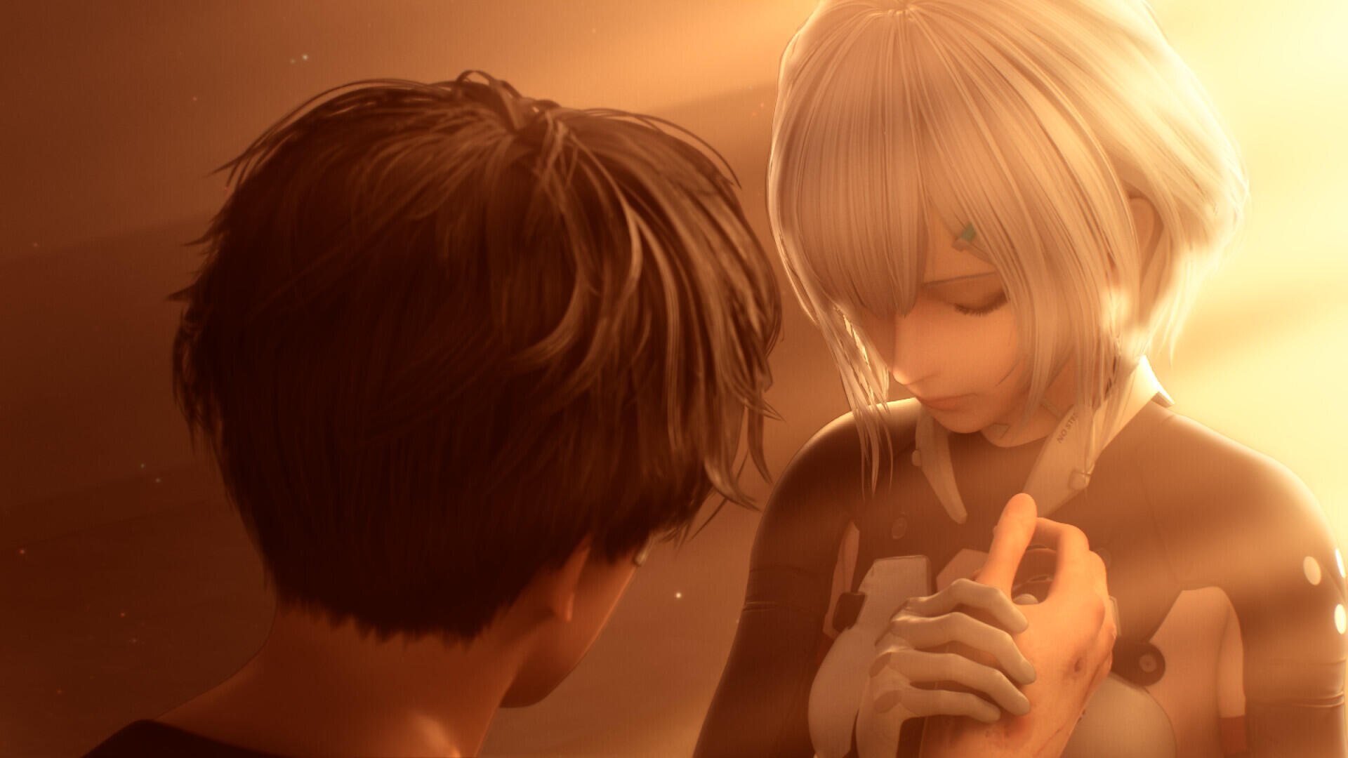 A captivating HD wallpaper from the video game SYNDUALITY: Echo of Ada, featuring a heartfelt moment between two characters in a warm, glowing atmosphere.