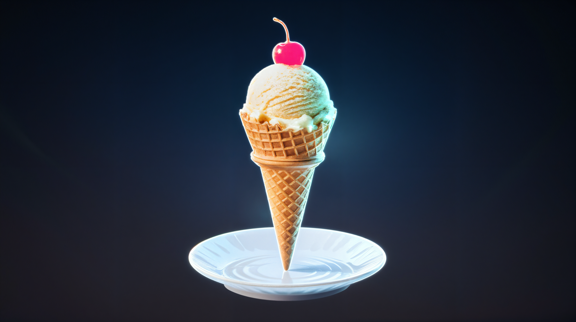 A delicious ice cream cone topped with a cherry, presented on a white plate against a dark background, captured in stunning 4K Ultra HD for a vibrant desktop wallpaper.