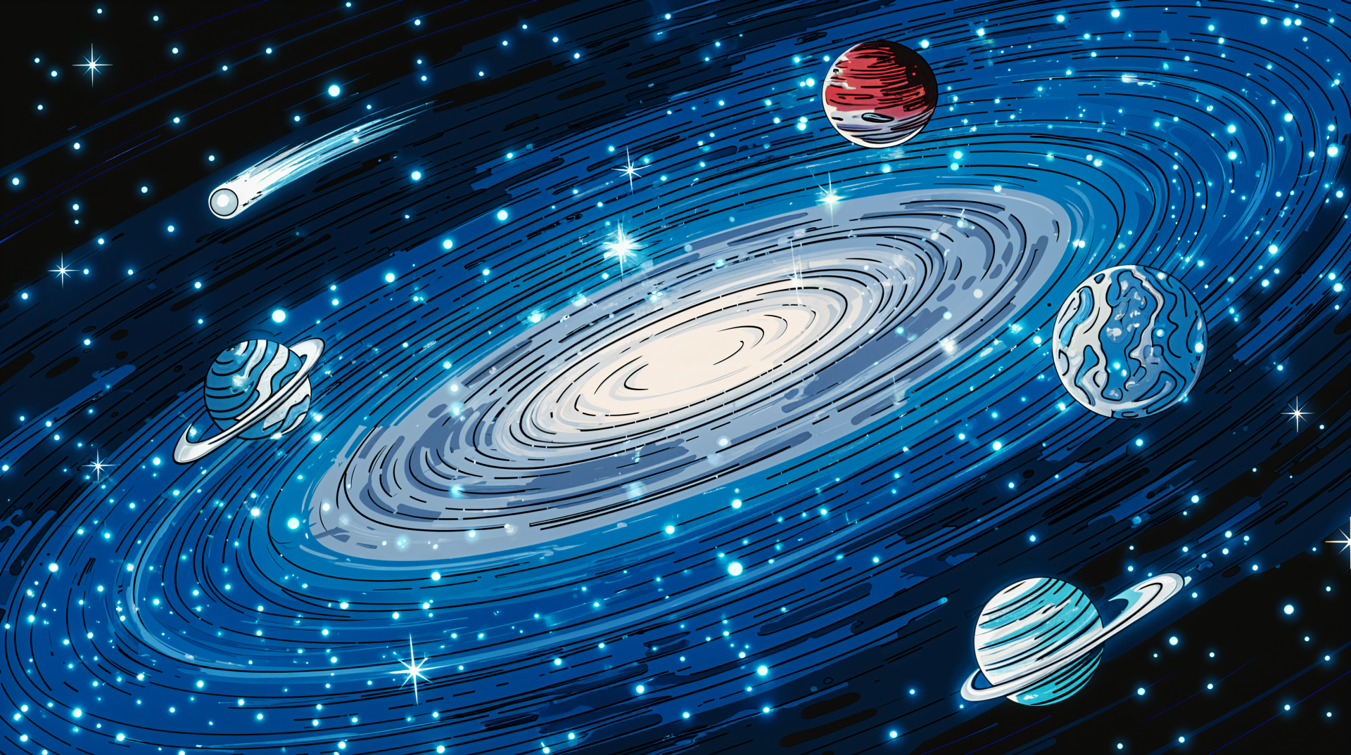 A vibrant 4K Ultra HD desktop wallpaper featuring a swirling galaxy with multiple colorful planets and a comet, set against a backdrop of sparkling stars in deep space.