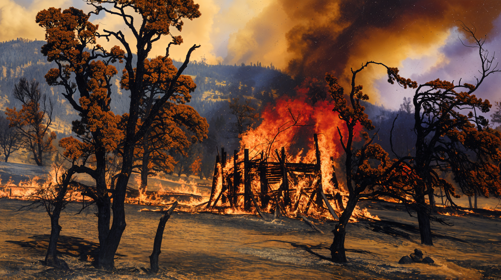 A dramatic 4K Ultra HD wallpaper depicting a wildfire, showcasing intense flames engulfing a structure amidst scorched earth and smoke-filled skies.