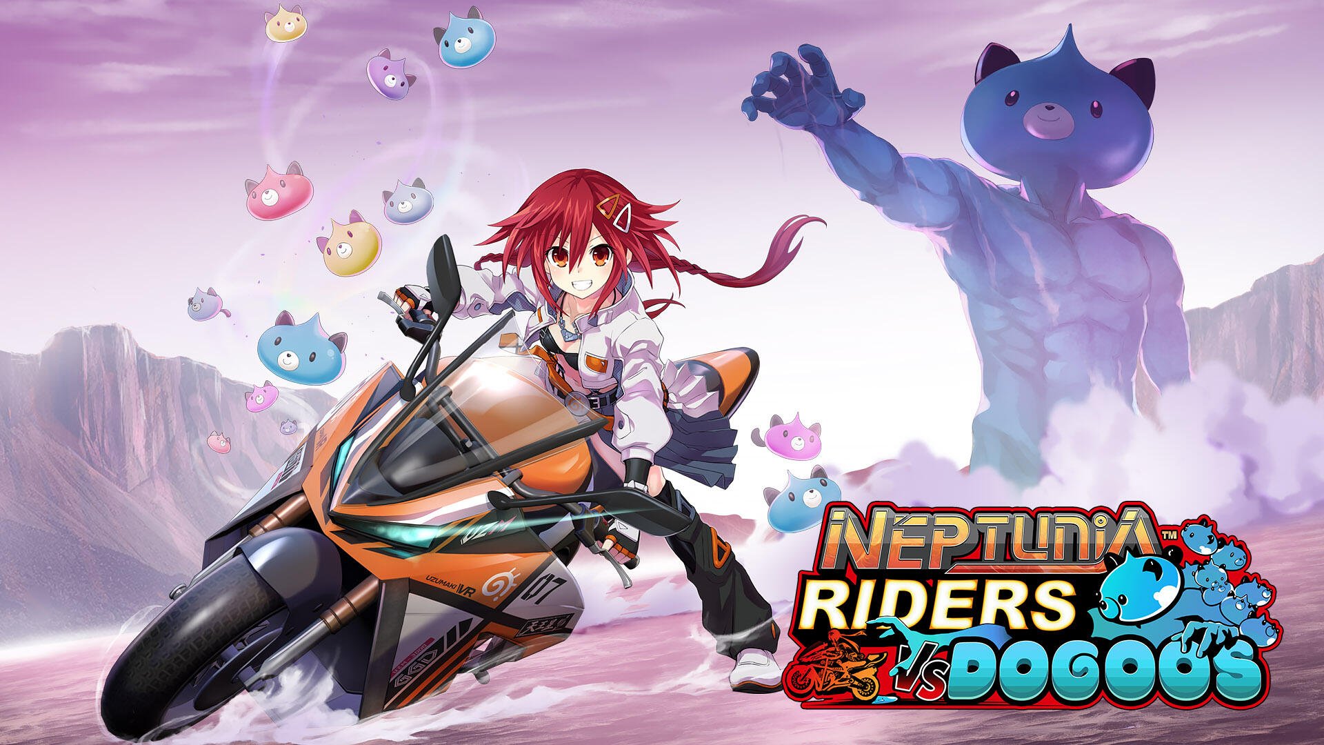 Colorful HD desktop wallpaper featuring a character from Neptunia Riders racing against Dogoos, with vibrant graphics and dynamic action set in a whimsical landscape.