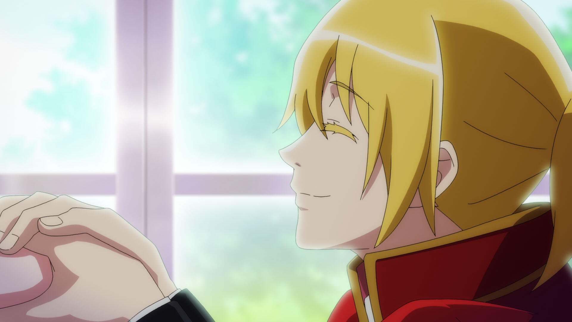 A character from the anime I Want to Escape from Princess Lessons smiles peacefully by a window, featuring vibrant colors in this HD PC desktop wallpaper.