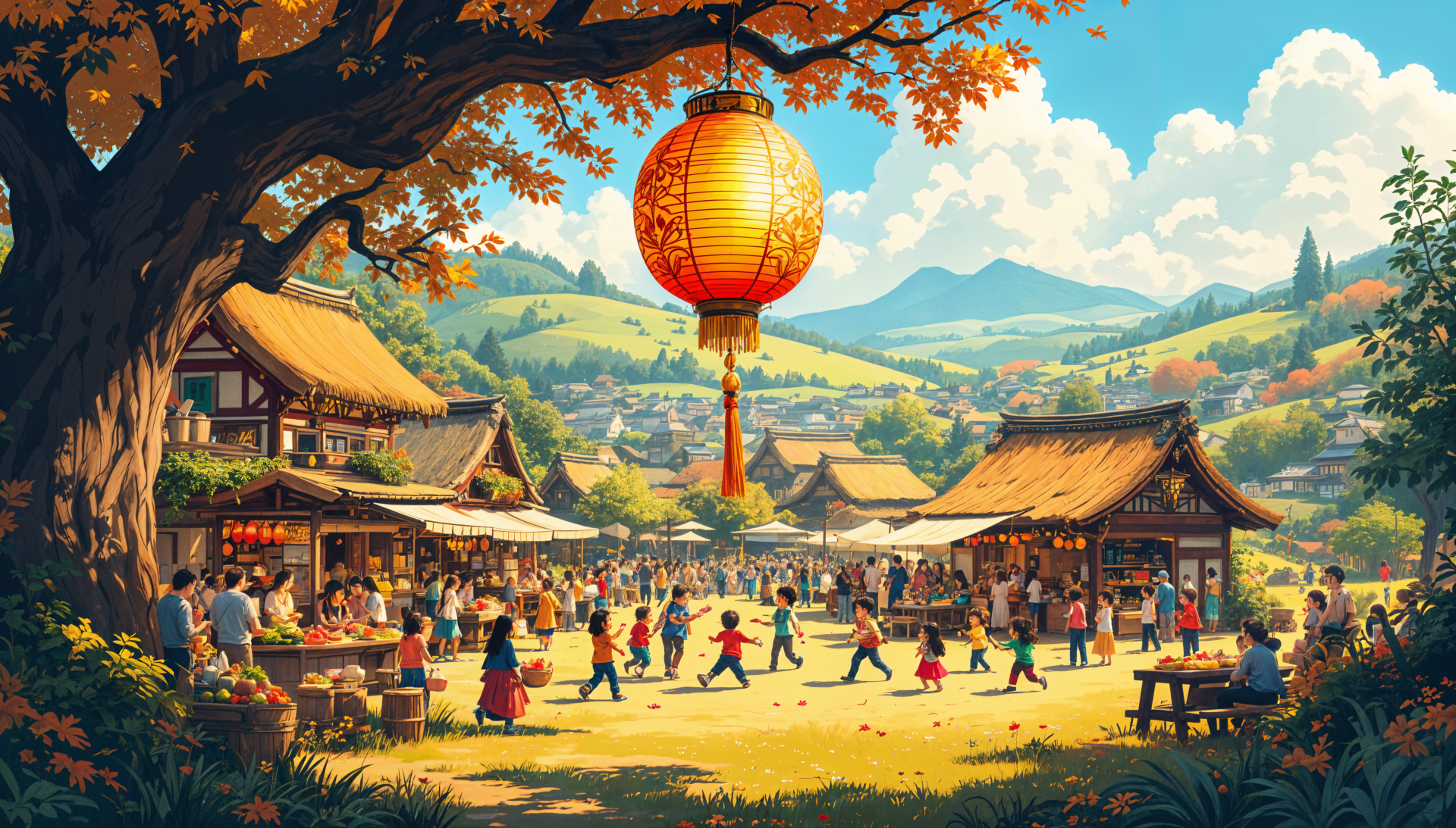 A vibrant harvest festival scene with colorful lanterns, people celebrating, and picturesque mountains in the background. A stunning 4K Ultra HD wallpaper for your desktop.