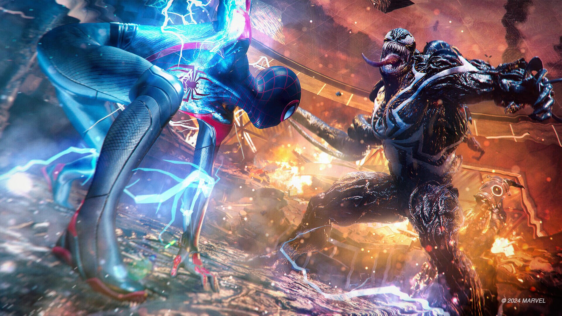 A dynamic HD wallpaper from Marvel's Spider-Man 2, featuring Spider-Man engaging in an intense battle with Venom amidst explosive action and vibrant visuals.