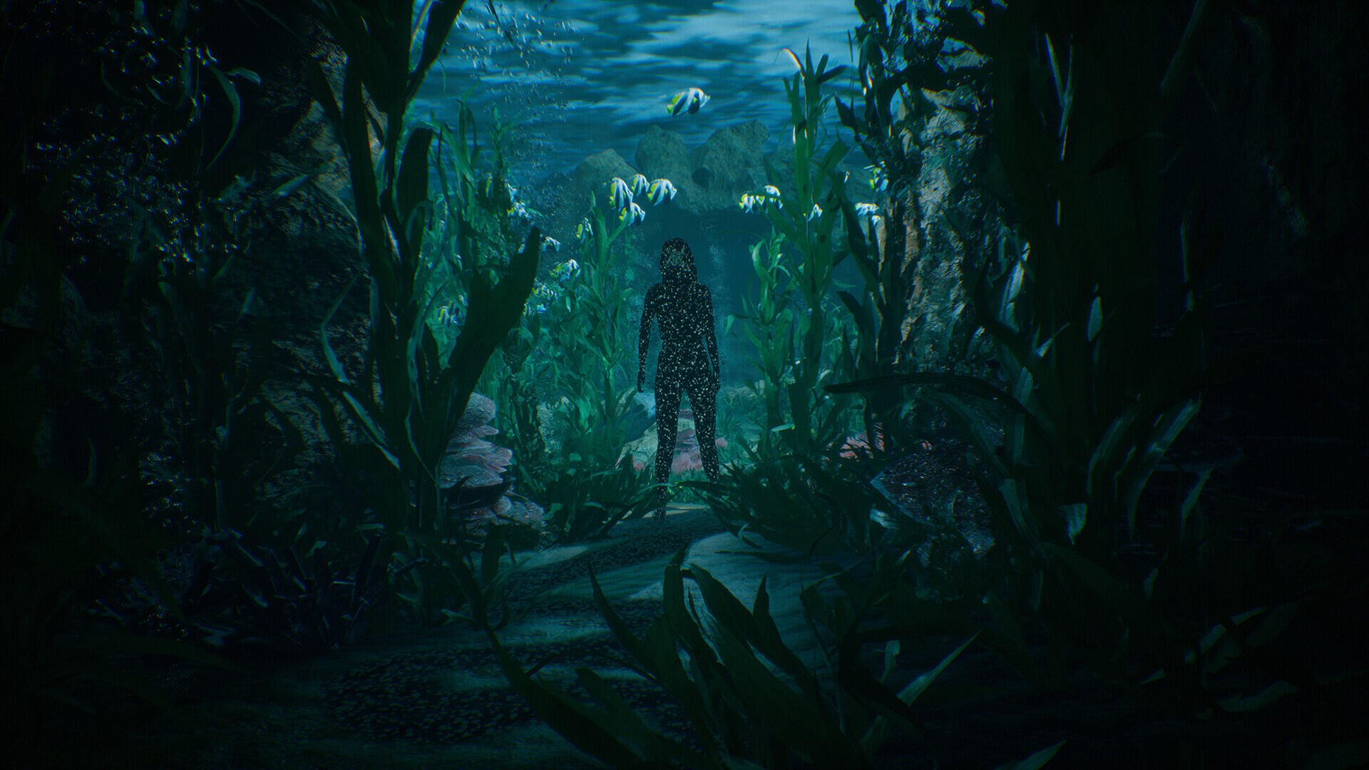 Underwater scene from the video game The Inn-Sanity, featuring a character surrounded by vibrant aquatic plants and fish, designed as an HD PC desktop wallpaper and background.