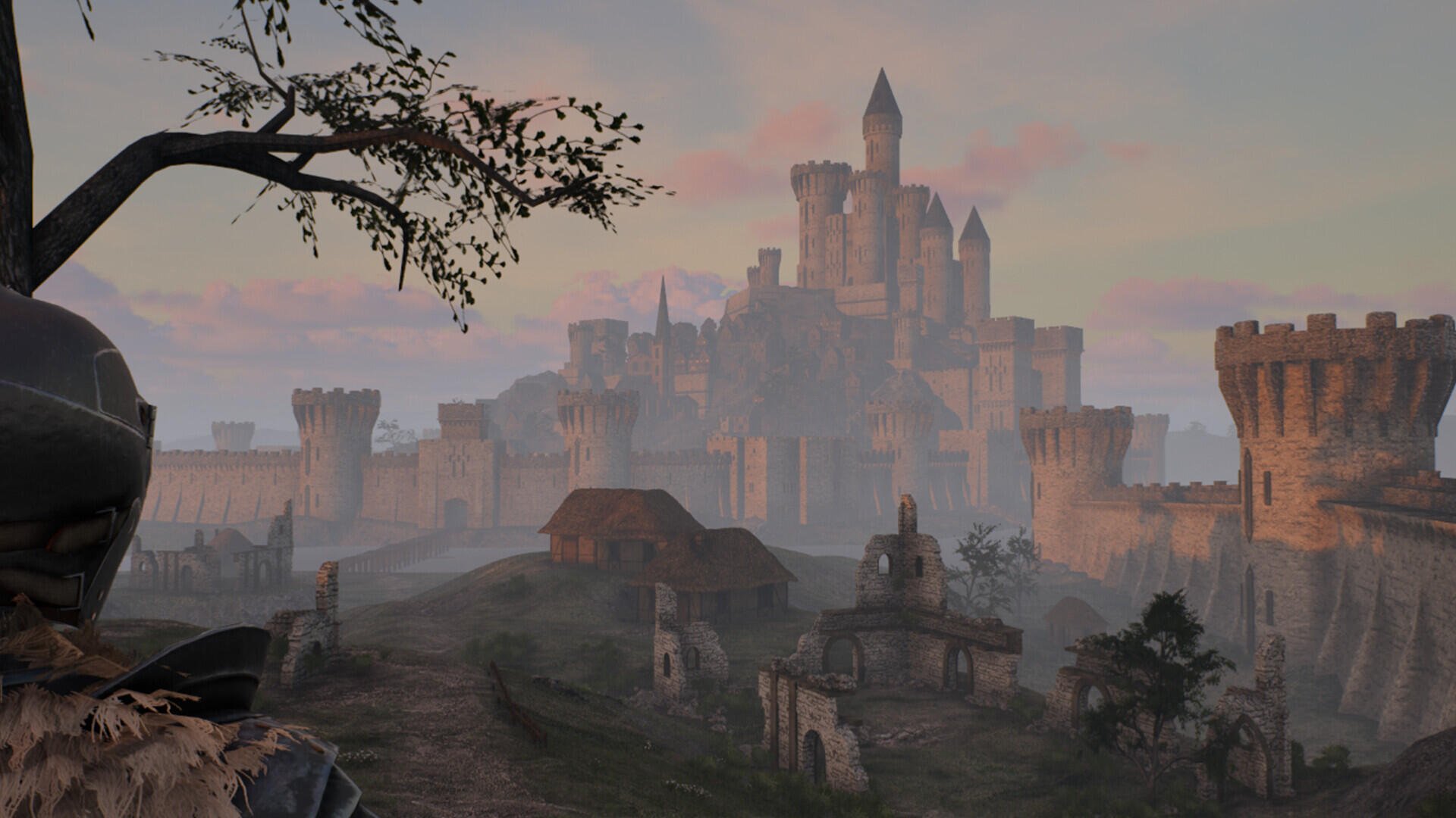 A stunning HD wallpaper for the video game Only Up: Lizards Must Fall, featuring a majestic castle surrounded by ruins and a serene landscape under a pastel sky.