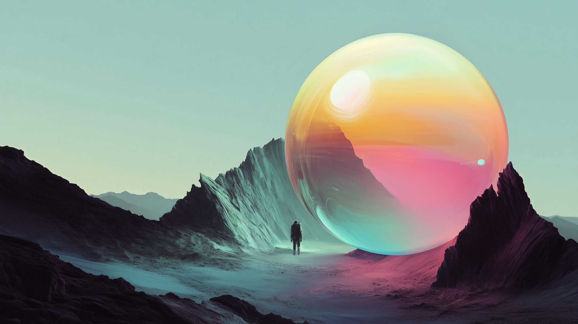 A sci-fi landscape features a giant, colorful bubble resting on a desolate planet. A lone figure stands amidst rocky terrain, creating a captivating HD wallpaper.
