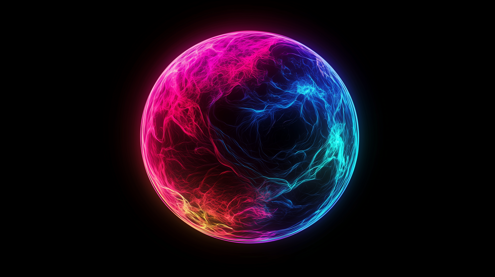 A vibrant, colorful circle radiates with swirling hues of pink, blue, and green against a black background, making it a striking HD desktop wallpaper.