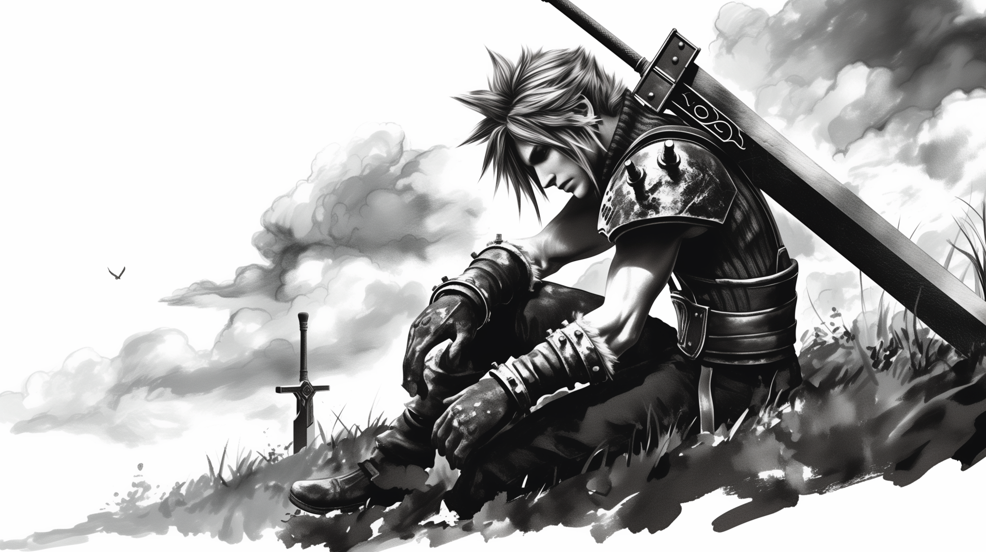 A striking black and white HD wallpaper featuring Cloud Strife from Final Fantasy, depicting him seated in a contemplative pose with his iconic sword nearby.