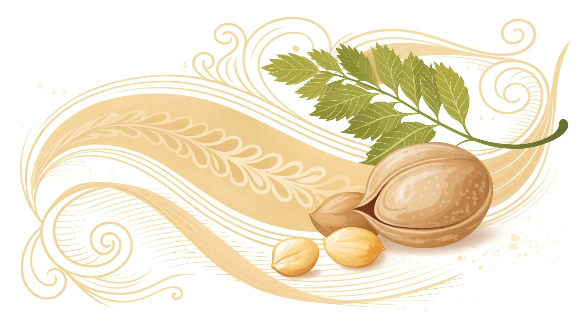 Chickpea illustration featuring a chickpea pod, chickpeas, and green leaves on a flowing, decorative background. This 4K Ultra HD desktop wallpaper adds a natural touch to your screen.