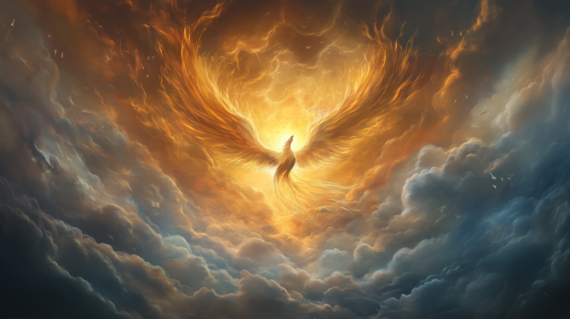 A majestic phoenix rises in a fiery glow amidst a dramatic cloudscape, captured in vibrant detail as an HD PC desktop wallpaper and background.