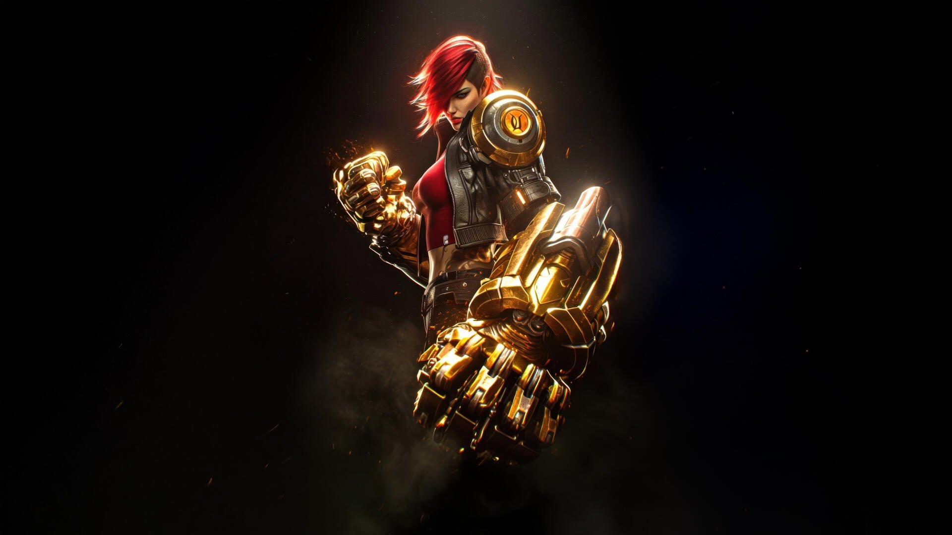 Arcane character with glowing mechanical gauntlets in a dynamic pose, showcased in stunning 4K Ultra HD, designed for PC desktop wallpaper and background.
